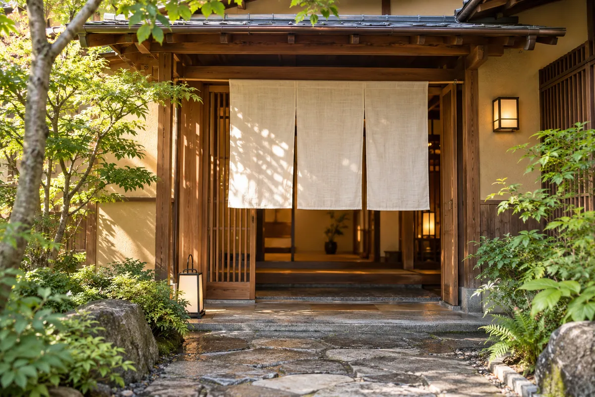 木の入口とのれん、庭の緑を配した旅館のAI生成イメージ
